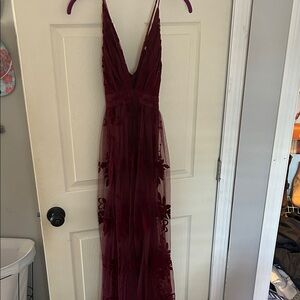 Windsor Burgundy Deep V-Neck Floral Tulle Maxi Dress